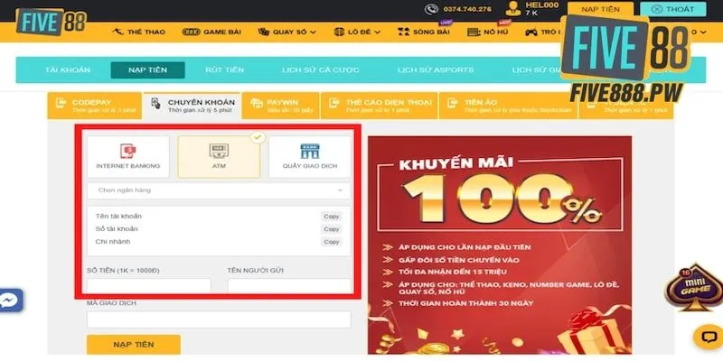 Nạp tiền Five88 tiện lợi